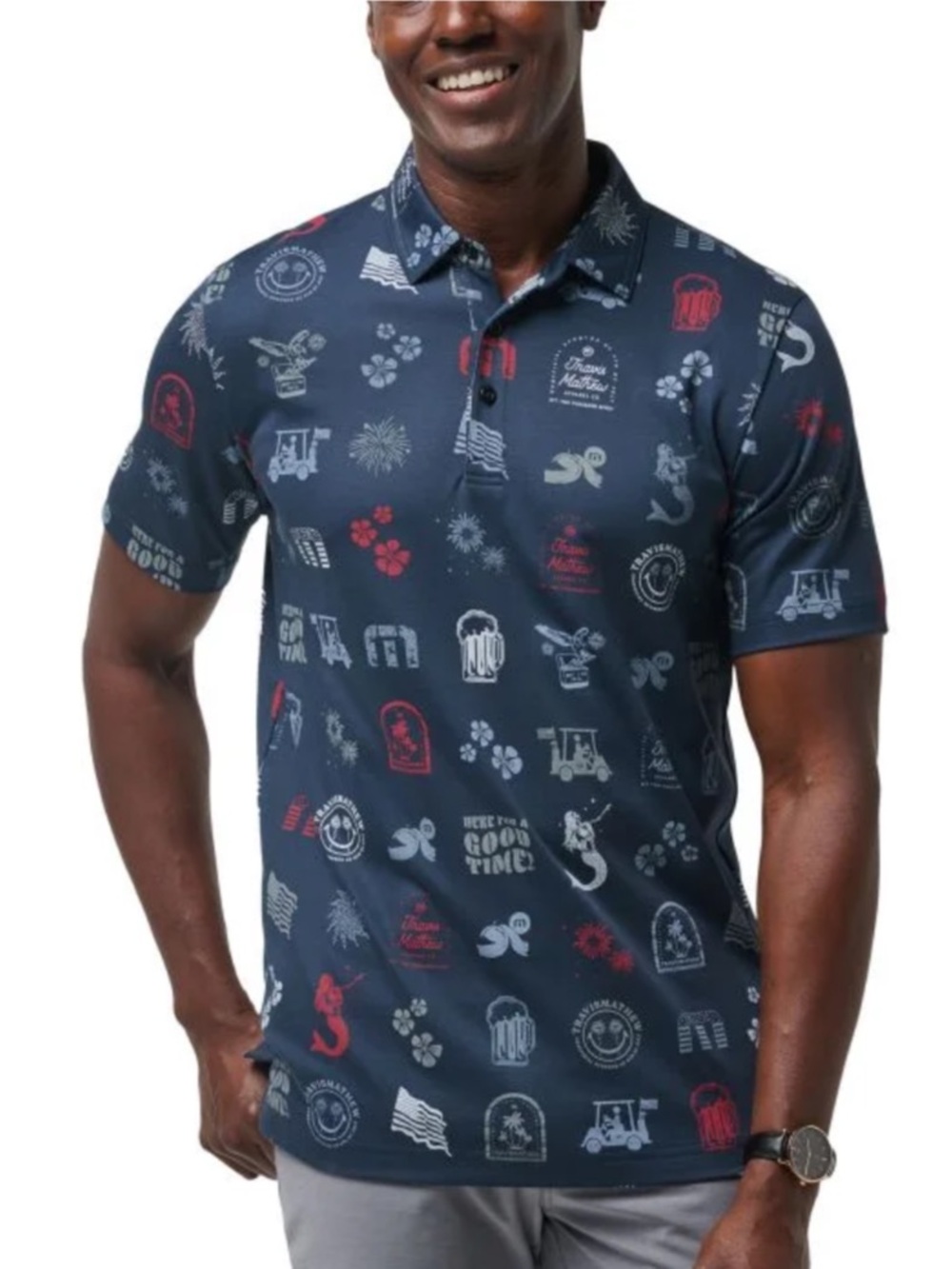 Travis Mathew 4th of July Polo Men’s Medium Navy Fun Print USA